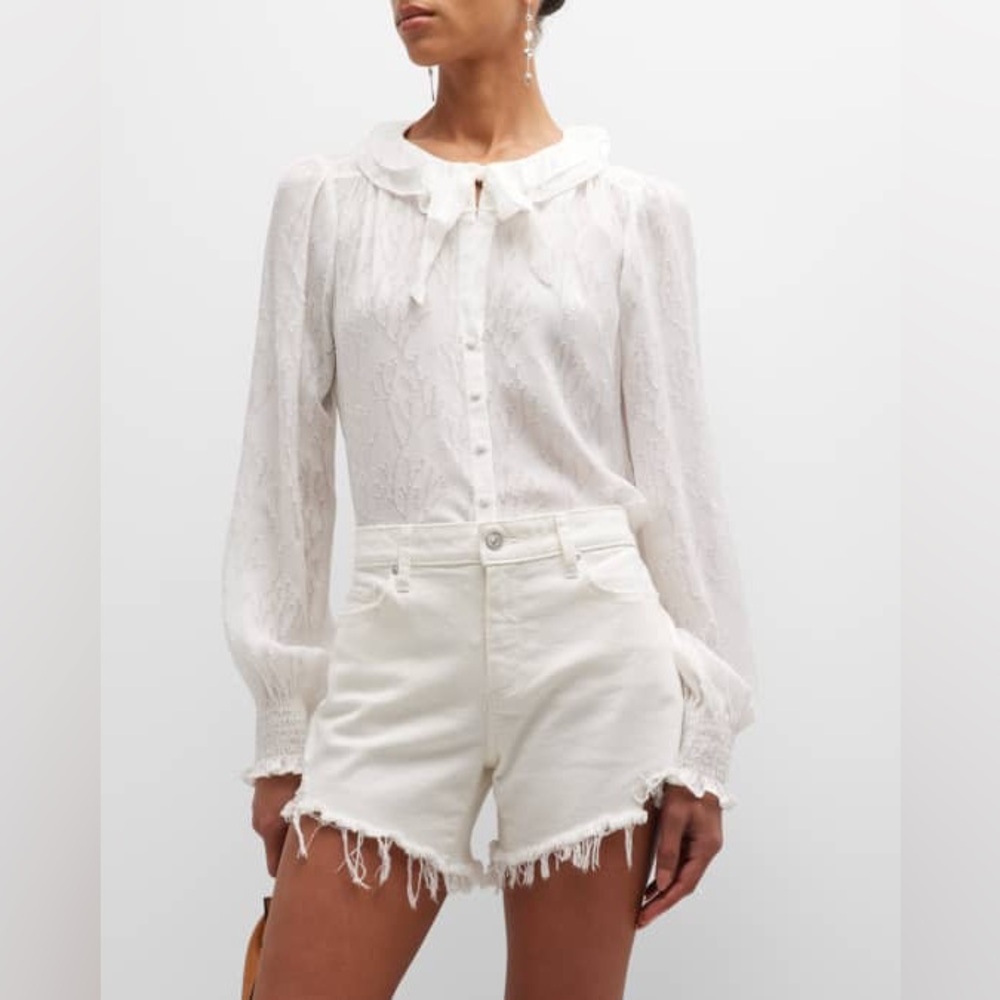 [paige] dionna silk blend ruffle tie neck blouse coral burnout white XL
